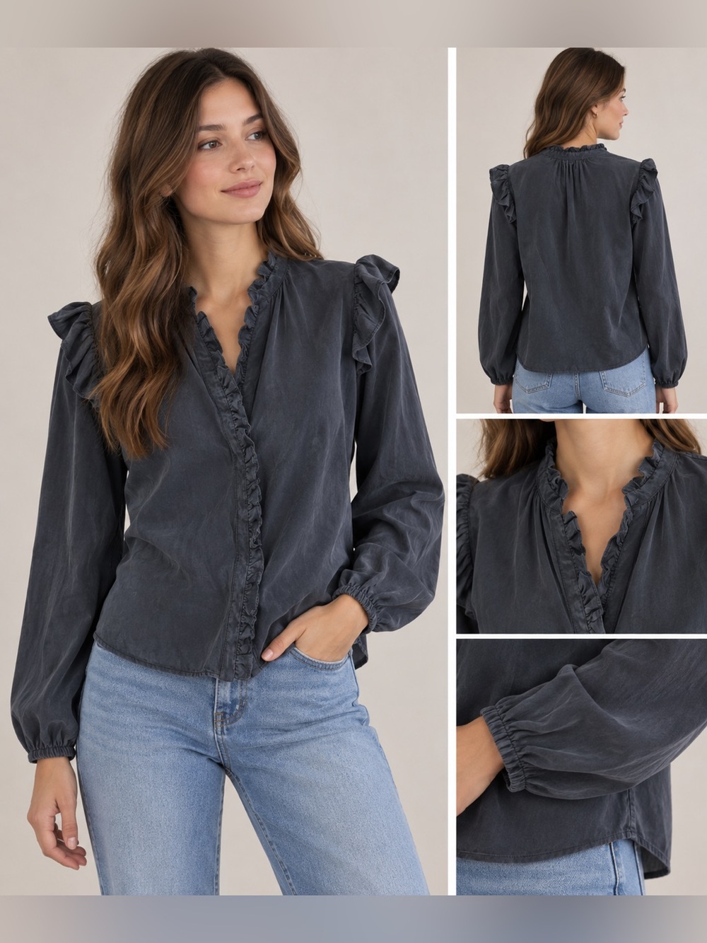 EVEREVE Navy Ruffle Front Long Sleeve Blouse
Size L